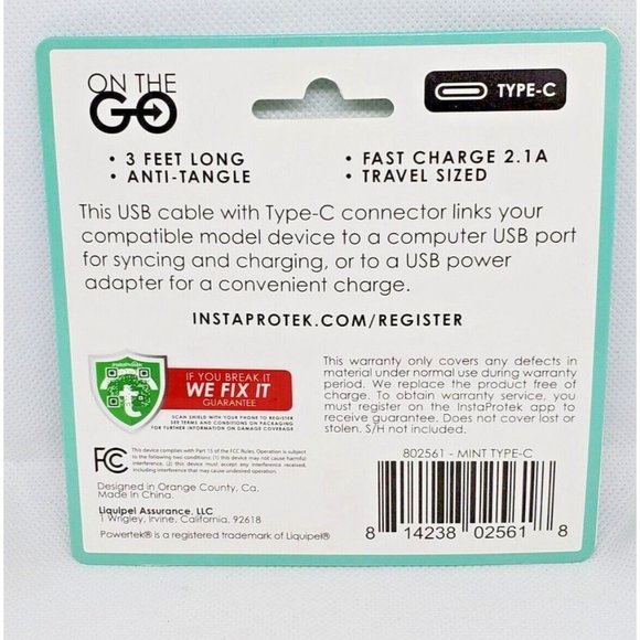 Liquipel Powertek On The Go Fast Charge Mint Type C 3ft Retractable Phone Cord - Picture 7 of 12